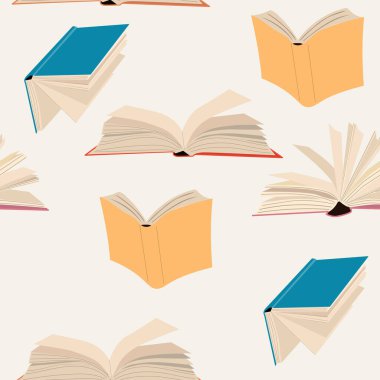 Uçuşan kusursuz kitaplar. Kumaş üzerine baskı yapmak için tasarım ögesi tekrarlanıyor. Edebiyat ve okuma.