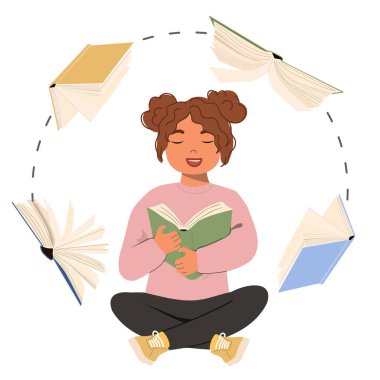 Kız kitap okuyarak meditasyon yapıyor. Fantezi rahatlama konsepti