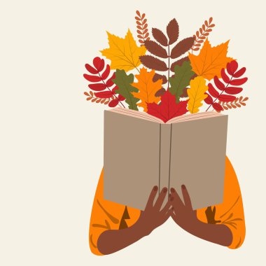 Bir kitabın arkasına saklanan Afrikalı Amerikalı kitap sever. Kitap aşığı kavramı. Samimi sonbahar vektör illüstrasyonu.