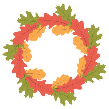 Sonbahar çemberi çerçevesi. Beyaz arka planda izole edilmiş farklı meşe yapraklarının yuvarlak sınırı. Poster ve kartpostallar için şablon.