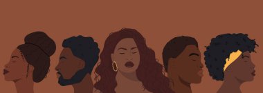 Siyah Farkındalık Günü afişi. Afro-Amerikan halkının portreleri. Dia da vicencia negra yatay bayrak