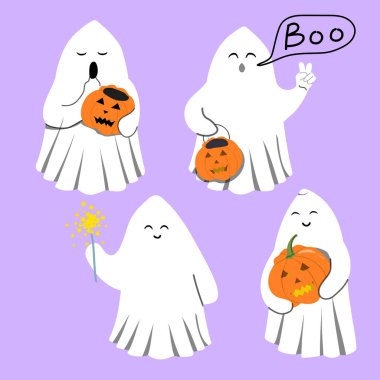 Şirin Hayaletler Cadılar Bayramı Vektör Koleksiyonu. Ekim bayramının sembolü komik, tapılası hayaletin izole edilmiş bir temsili..