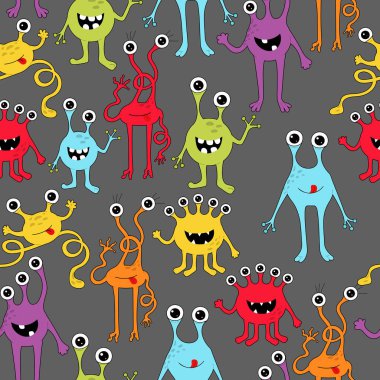 Canavar Cadılar Bayramı kusursuz desen. Basit el çizimi tarzında sevimli çizgi film karakterleri. Duvar kağıdı, kumaş tekstil, ambalaj kağıdı için dijital kağıt.