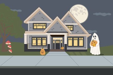 Dolunay gecesi sahnesi, ev ve Cadılar Bayramı süslemeleri..  