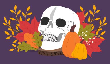 Kabaklı kafatası ve mor arka planda yapraklar. Cadılar Bayramı Parti Pilotu veya Poster Şablonu. Ölüler Günü, Meksika tatili, 