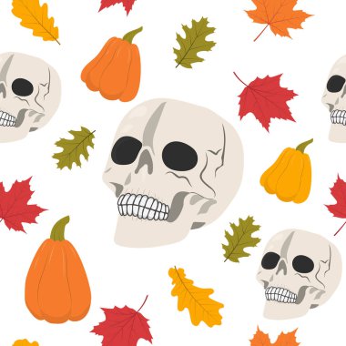 Kabaklı kafatası ve pürüzsüz desen. Tekstil, ambalaj kağıdı ve kapak için Cadılar Bayramı vektör illüstrasyonu