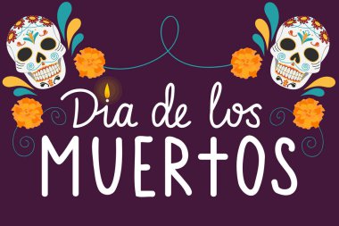 Meksika Ölüler Günü tebrik kartı. Dia de Los Muertos el yazısı mektuplar, çiçekler, kafatası koyu mor arka plan