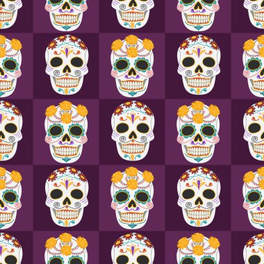 Çiçekler ve çizimlerle süslenmiş kusursuz şenlikli kafatasları. Ölüler Günü. Dia de Muertos. Catrina, garbancera iskeleti, şenlikli iskelet. 