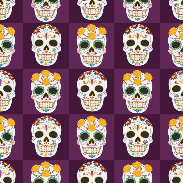 Çiçekler ve çizimlerle süslenmiş kusursuz şenlikli kafatasları. Ölüler Günü. Dia de Muertos. Catrina, garbancera iskeleti, şenlikli iskelet. 