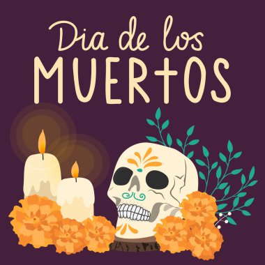 Dia de los muertos vektör çizimi. Ölüm Günü tabelası, kadife çiçekleri, mumlar ve kafatasıyla süslenmiş. Meksika ulusal bayramı 