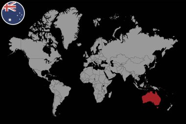Dünya haritasında Avustralya bayrağı olan iğne haritası. Vektör illüstrasyonu.