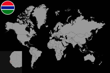 Dünya haritasında Gambiya bayrağı olan pin haritası. Vektör illüstrasyonu.