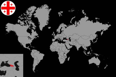 Dünya haritasında Gürcistan bayrağı olan iğne haritası. Vektör illüstrasyonu.
