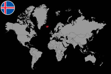 Dünya haritasında İzlanda bayrağı olan pin haritası. Vektör illüstrasyonu.