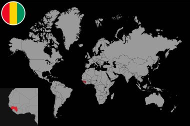 Dünya haritasında Gine bayrağı olan iğne haritası. Vektör illüstrasyonu.