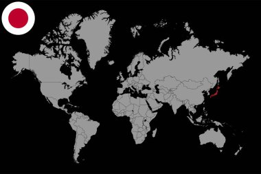 Dünya haritasında Japonya bayraklı iğne haritası. Vektör illüstrasyonu.