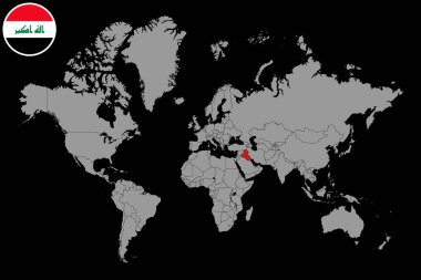 Dünya haritasında Irak bayrağı olan iğne haritası. Vektör illüstrasyonu.