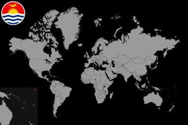 Dünya haritasında Kiribati bayrağı olan pin haritası. Vektör illüstrasyonu.