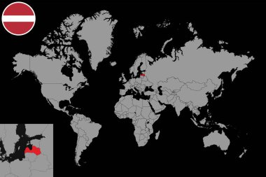 Dünya haritasında Letonya bayrağı olan pin haritası. Vektör illüstrasyonu.