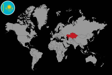 Dünya haritasında Kazakistan bayrağı olan pin haritası. Vektör illüstrasyonu.