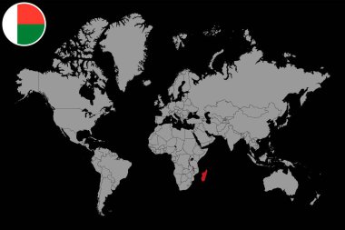 Dünya haritasında Madagaskar bayrağı olan pin haritası. Vektör illüstrasyonu.