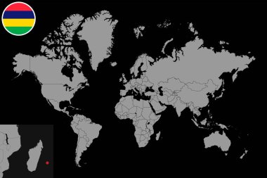 Mauritius 'un dünya haritasında işaretli iğne haritası. Vektör illüstrasyonu.