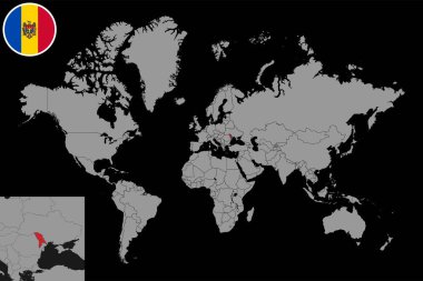 Dünya haritasında Moldova bayrağı olan pin haritası. Vektör illüstrasyonu.