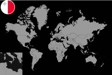 Dünya haritasında Malta bayrağı olan pin haritası. Vektör illüstrasyonu.