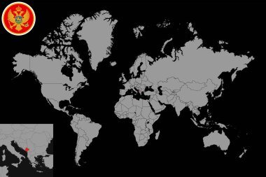 Dünya haritasında Karadağ bayrağıyla işaretlenmiş bir harita. Vektör illüstrasyonu.