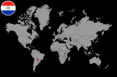 Dünya haritasında Paraguay bayrağı olan pin haritası. Vektör illüstrasyonu.