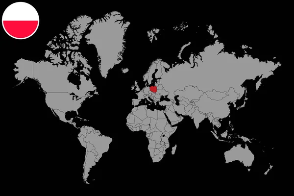 世界地図上のポーランドの旗とピンマップ ベクターイラスト — ストックベクタ
