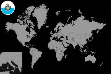 Dünya haritasında San Marino bayrağı olan pin haritası. Vektör illüstrasyonu.