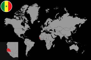 Dünya haritasında Senegal bayrağı olan pin haritası. Vektör illüstrasyonu.