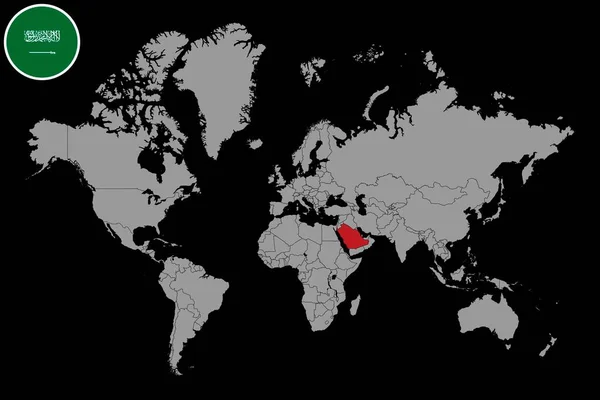 Pin Mapa Saúdskoarabskou Vlajkou Mapě Světa Vektorová Ilustrace — Stockový vektor