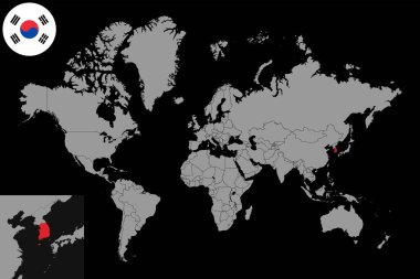 Dünya haritasında Güney Kore bayrağı olan iğne haritası. Vektör illüstrasyonu.