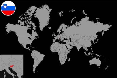 Dünya haritasında Slovenya bayrağı olan pin haritası. Vektör illüstrasyonu.