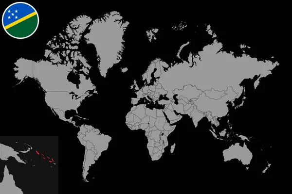 世界地図上でソロモン諸島の旗とピンマップ ベクターイラスト — ストックベクタ