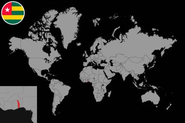 Dünya haritasında Togo bayrağı olan iğne haritası. Vektör illüstrasyonu.