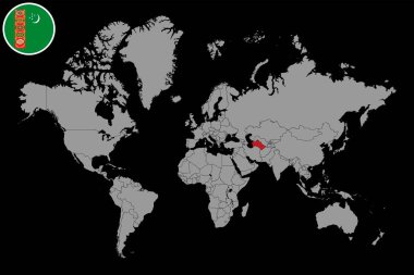 Dünya haritasında Türkmenistan bayrağı olan pin haritası. Vektör illüstrasyonu.