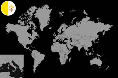 Dünya haritasında Vatikan bayrağıyla birlikte pin haritası. Vektör illüstrasyonu.