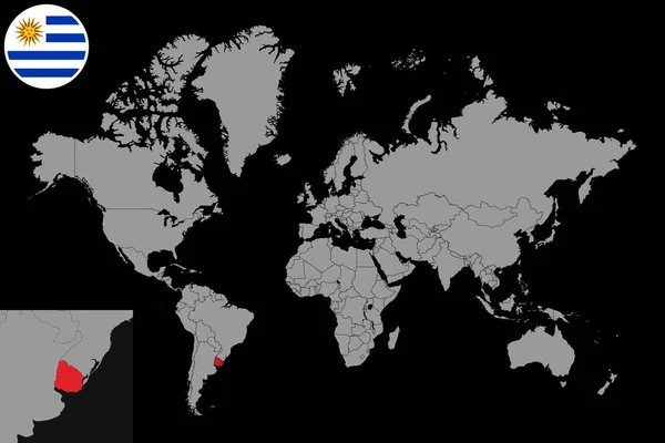 Mapa Pinów Flagą Urugwaju Mapie Świata Ilustracja Wektora — Wektor stockowy