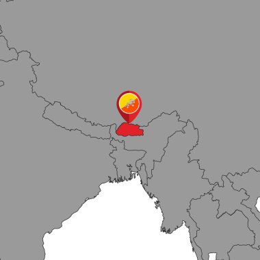 Dünya haritasında Butan bayrağı olan pin haritası. Vektör illüstrasyonu.