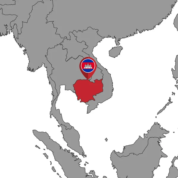 世界地図上のカンボジアの旗とピンマップ ベクターイラスト — ストックベクタ