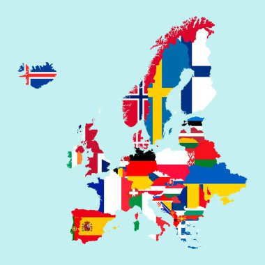 Bayraklı Avrupa haritası. Vektör illüstrasyonu.
