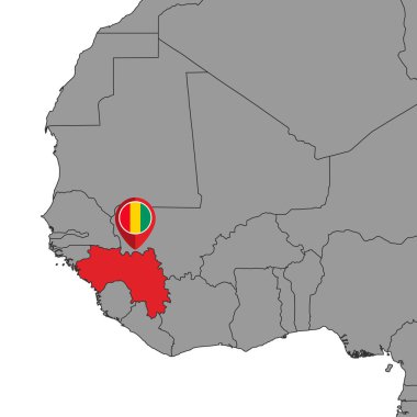 Dünya haritasında Gine bayrağı olan iğne haritası. Vektör illüstrasyonu.
