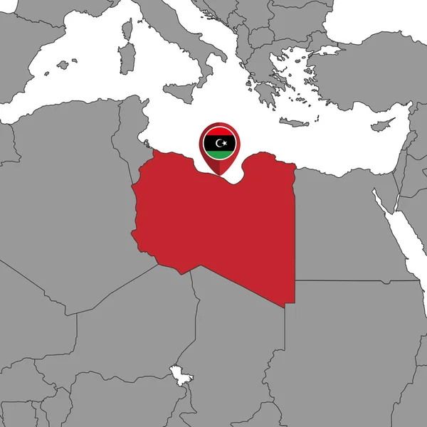 Pin Mapa Vlajkou Libye Mapě Světa Vektorová Ilustrace — Stockový vektor