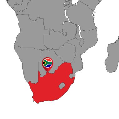 Dünya haritasında Güney Afrika bayrağı olan iğne haritası. Vektör illüstrasyonu.