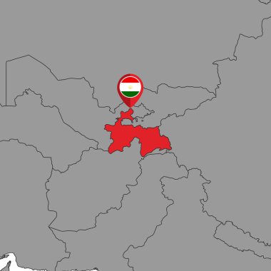 Dünya haritasında Tacikistan bayrağı olan pin haritası. Vektör illüstrasyonu.