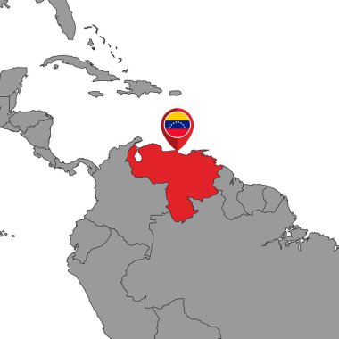 Dünya haritasında Venezuela bayrağı olan iğne haritası. Vektör illüstrasyonu.