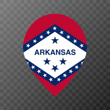 Arkansas bayrağı taşıyan harita işaretleyici. Alabama bayrağı. Vektör illüstrasyonu.